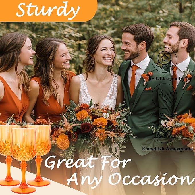 Plastic Wine Glasses, Plastic Goblets Vintage Style Cordial Unbreakable Drinking Glasses, Reusable Drinkware for Wedding Reception, Grand Event Party Supplies (48, Pumpkin orange)