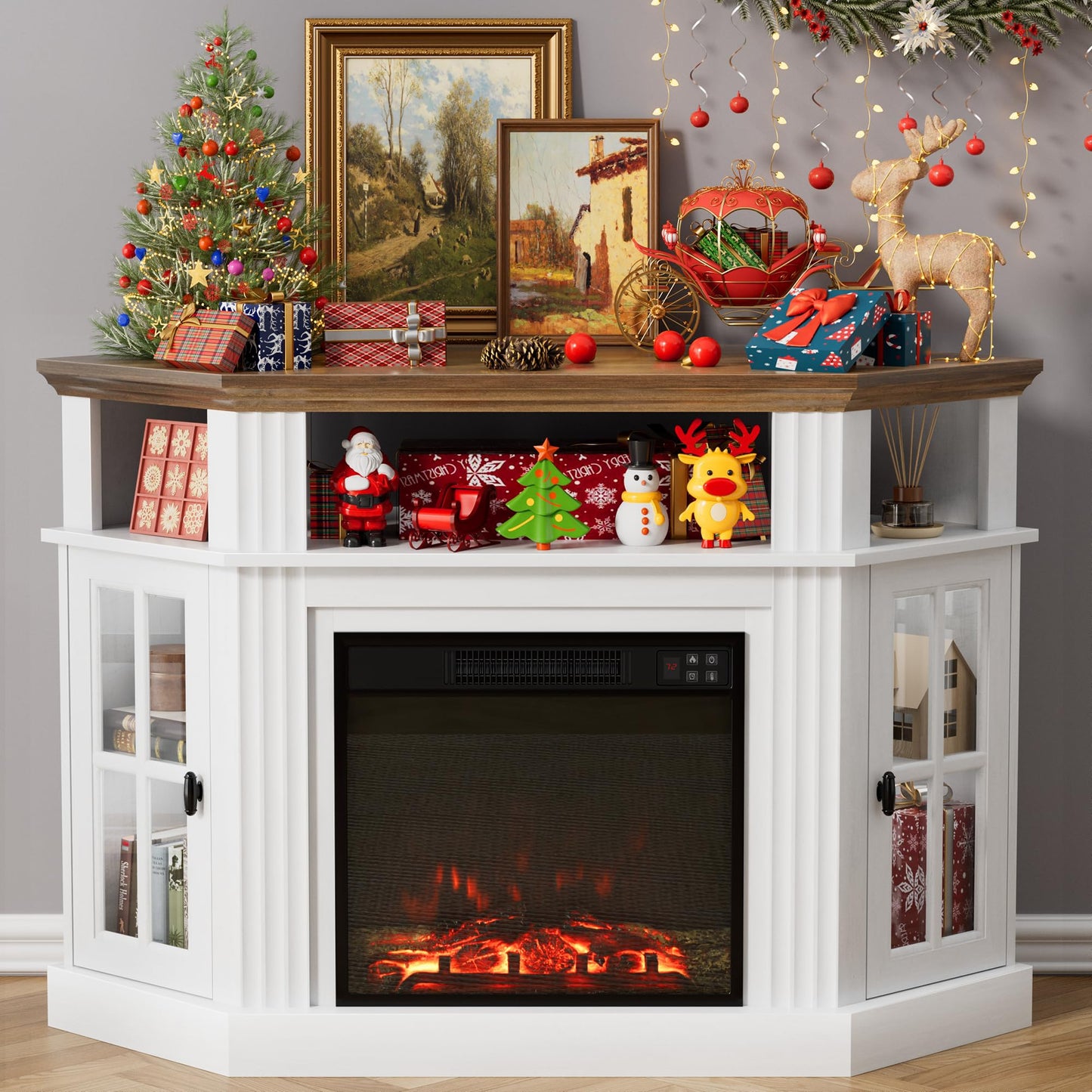 Furmax Fireplace Corner TV Stand for TV Up to 55 Inch, Modern TV Console with 18 Inch Electric Fireplace, Entertainment Center with Open Shelf and Storage Cabinets for Living Room, Antique White