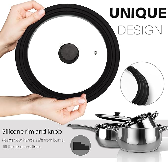 Lerykin Tempered Glass Lid - Universal Lid with Heat Resistant Silicone Rim for Pots, Pans and Skillets - Pan Cover Replacement Lid Fits 10", 11" and 12" Diameter Cookware
