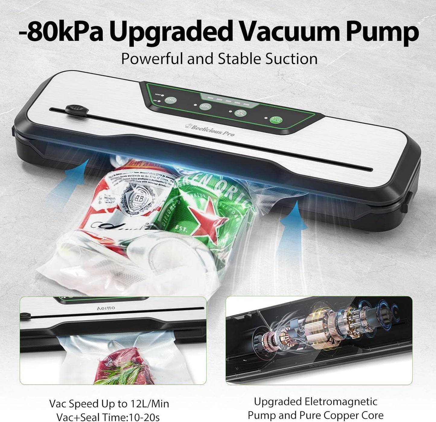 Automatic Food Vacuum Sealer Machine | Beelicious Pro 80KPa 8-In-1 Food Vacuum Saver with Starter Kits | 15 Bags, Pulse Function, Moist&Dry Mode and External VAC for Containers, Stainless Steel