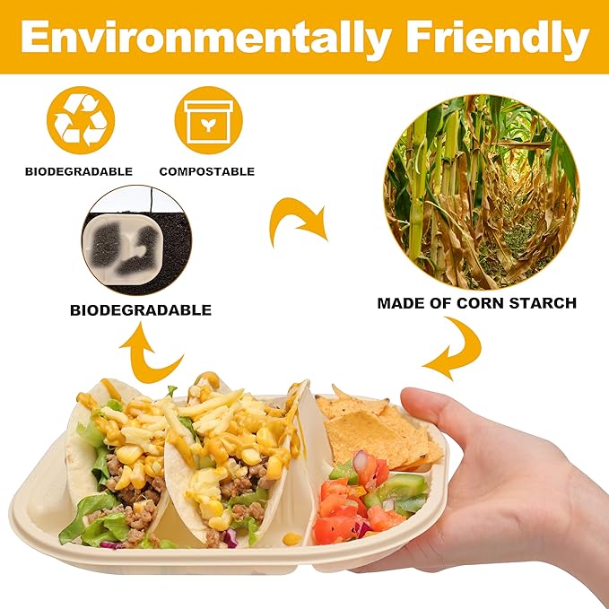 Small Disposable Taco Plates With Dipping Sides - 100 Pack, Biodegradable Cornstarch Taco Holder, Mini Size Fit 4-6 Inch Street Tortilla Shells, Sturdy & Microwave Safe, Bar Serving Set For A Party