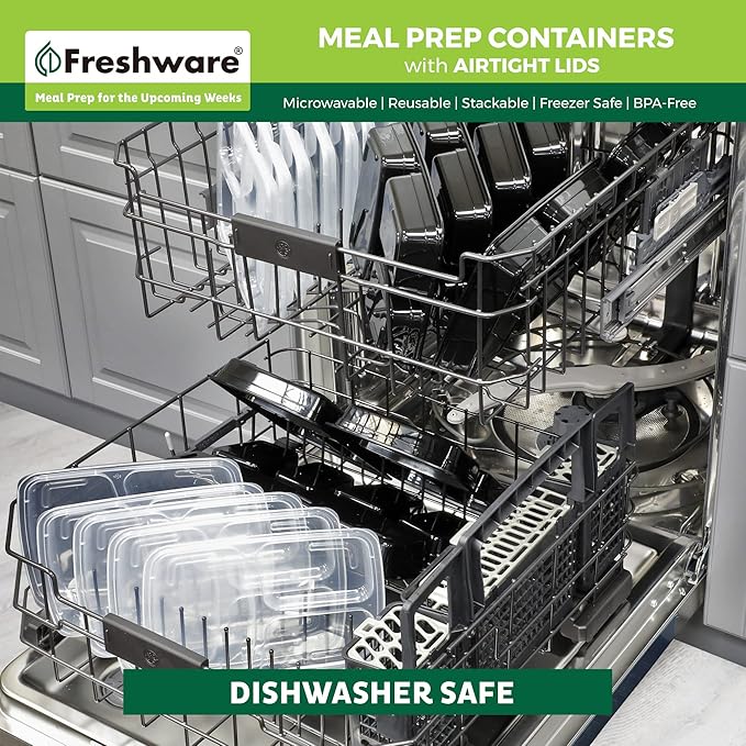 Freshware Meal Prep Containers [21 Pack] 3 Compartment with Lids, Food Storage Containers, Bento Box, Stackable, Microwave/Dishwasher/Freezer Safe (24 oz)