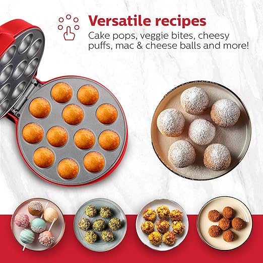 Holstein Housewares 12-Count Cake Pop Maker with Non-Stick Plates & Indicator Lights – Bakes 12 Sweet or Savory Pops Fast, Perfect for Birthday Treats & Holiday Party Snacks, Red