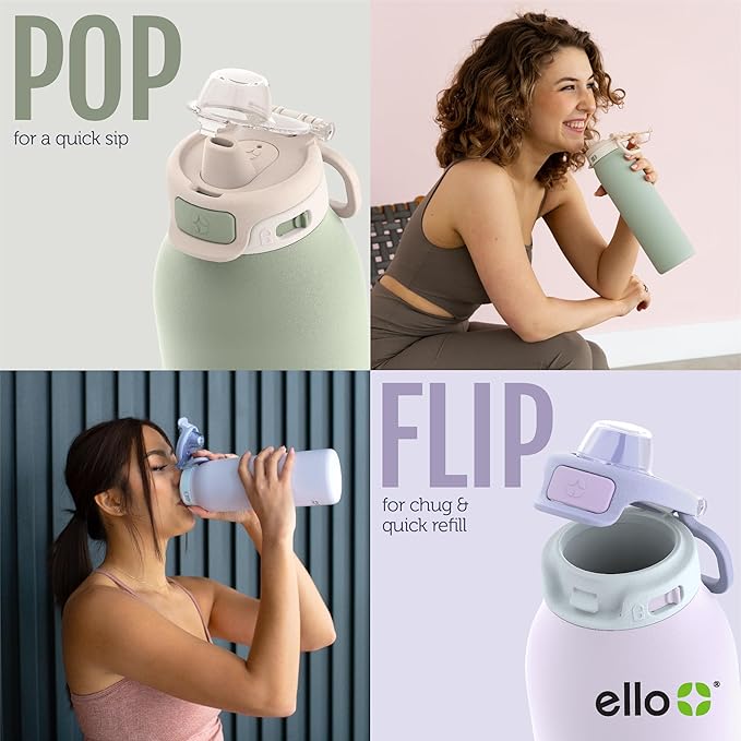 Ello Pop & Fill 22oz Stainless Steel Water Bottle with Quick Fill Technology, Double Walled and Vacuum Insulated Metal, Leak Proof Locking Lid, Sip and Chug, Reusable, BPA Free, Pistachio