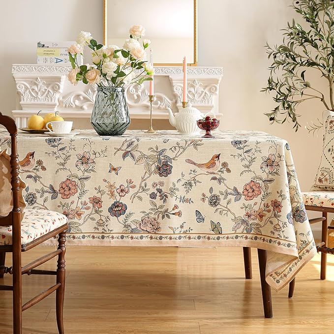 ISAENNE Designer French Light Beige Long Tablecloth Rectangle,Linen Florals and Birds Pattern Table Cloth,Anti-Wrinkle Decorative Tablecloths for Dining Thanksgiving Kitchen,63"*102"-Cornucopia