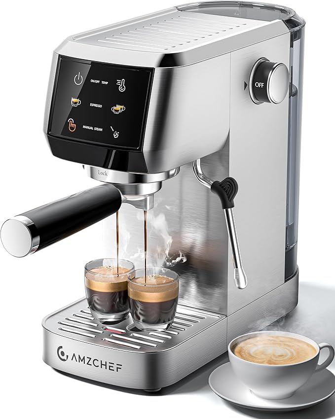 AMZCHEF Espresso Machine 20 Bar – Professional Coffee Maker with Milk Frother, Adjustable Temperature & Pressure, Compact Stainless Steel Espresso Maker for Cappuccino, Latte, Mocha, 44oz Water Tank