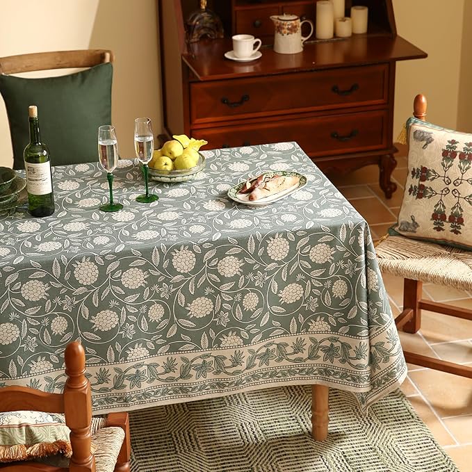 ISAENNE Designer Grayish Green Linen Long Rectangle Tablecloth,Floral Stain Resistant Table Cloth,Fall Vintage Decor Tablecloths for Dining Thanksgiving Kitchen Party,63"*94"-Andrew A