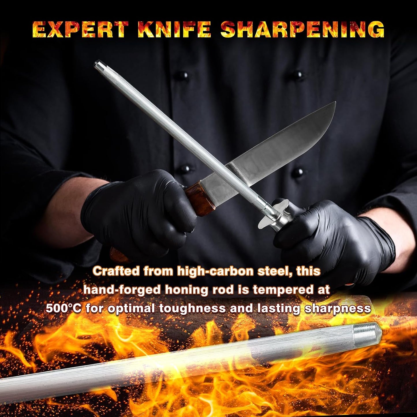 Knife Sharpener Rod, Kitchen Knives Sharpener Carbon Steel Professional Knife Sharpening Steel, Honing Rod with Hanging Holes (13 inches), H