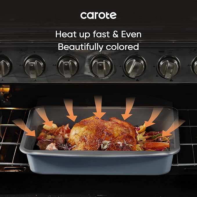 CAROTE 7-Piece Nonstick Stackable Baking Pans Set - Bakeware Sets Including Cookie Sheets for Baking, Muffin Pan, Bread Pan, Cake pan, Loaf Pan, Roasting Pan, Gray & Blue