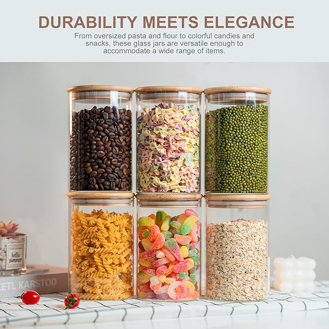 Liuruiyu Glass Food Storage Jars 6-Pack 37oz - 4x6 in-Clear Glass Food Canisters with Bamboo Lid Airtight For Serving Tea, Coffee, Flour, Sugar, Candy, Cookie, Spice and More (Circular)
