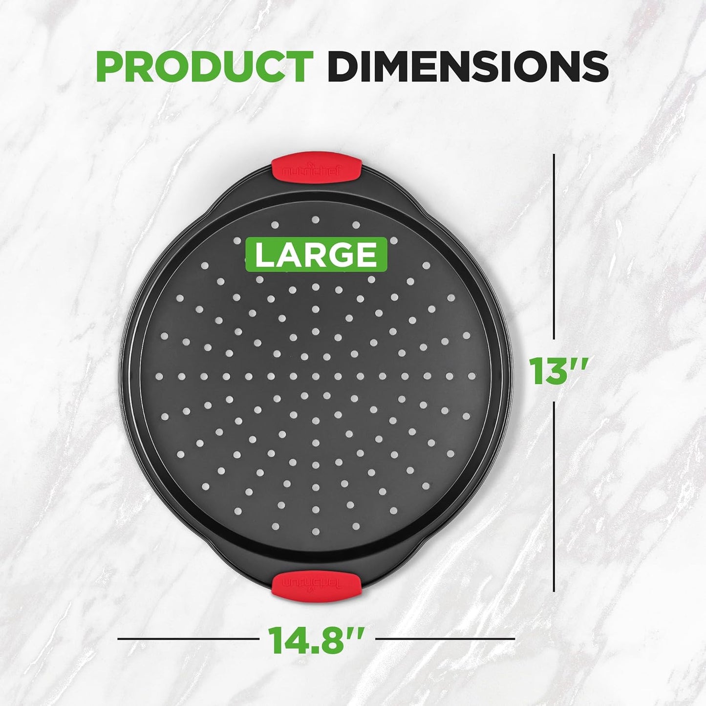 NutriChef 13-Inch Nonstick Pizza Tray - Round Carbon Steel Non-Stick Pizza Baking Pan with Perforated Holes, Premium Bakeware Pizza Screen with Silicone Grip Handles, Dishwasher Safe - NCBPIZ1