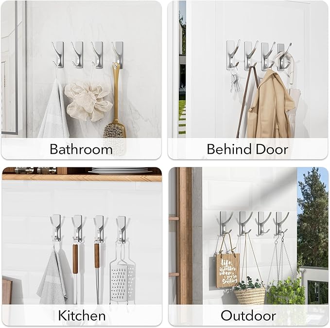 pickpiff Stick on Hooks for Hanging, Extra Sticky 6KG (Max), Coat Hook on Door for Towel Coat Hat Key, Self Adhesive Hangers Wall Mounted, Silver, 6 Pack