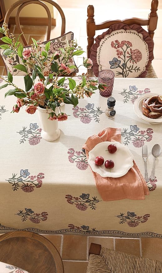 ISAENNE Designer Linen Light Beige Extra Long Table Cloth Rectangle,French Colorful Floral Tablecloth,Stain Resistant Decor Tablecloths for Dining Thanksgiving Kitchen,63"*110"-Helena E