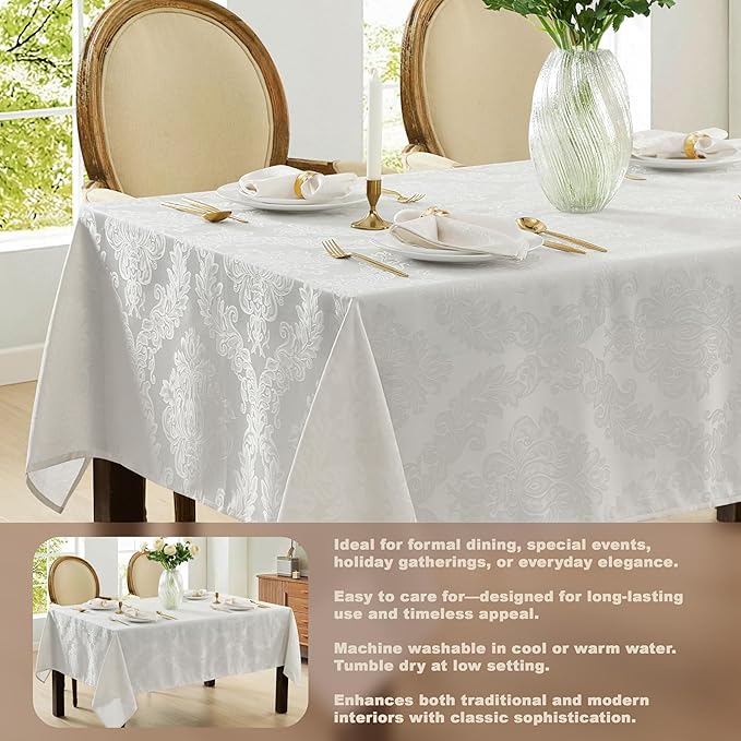 Newbridge Barcelona Luxury Damask Fabric Tablecloth, 70” Extra Wide x 144” Rectangle, White, 100% Polyester, No Iron, Soil Resistant Dining Room, Party and Banquet Table Cover
