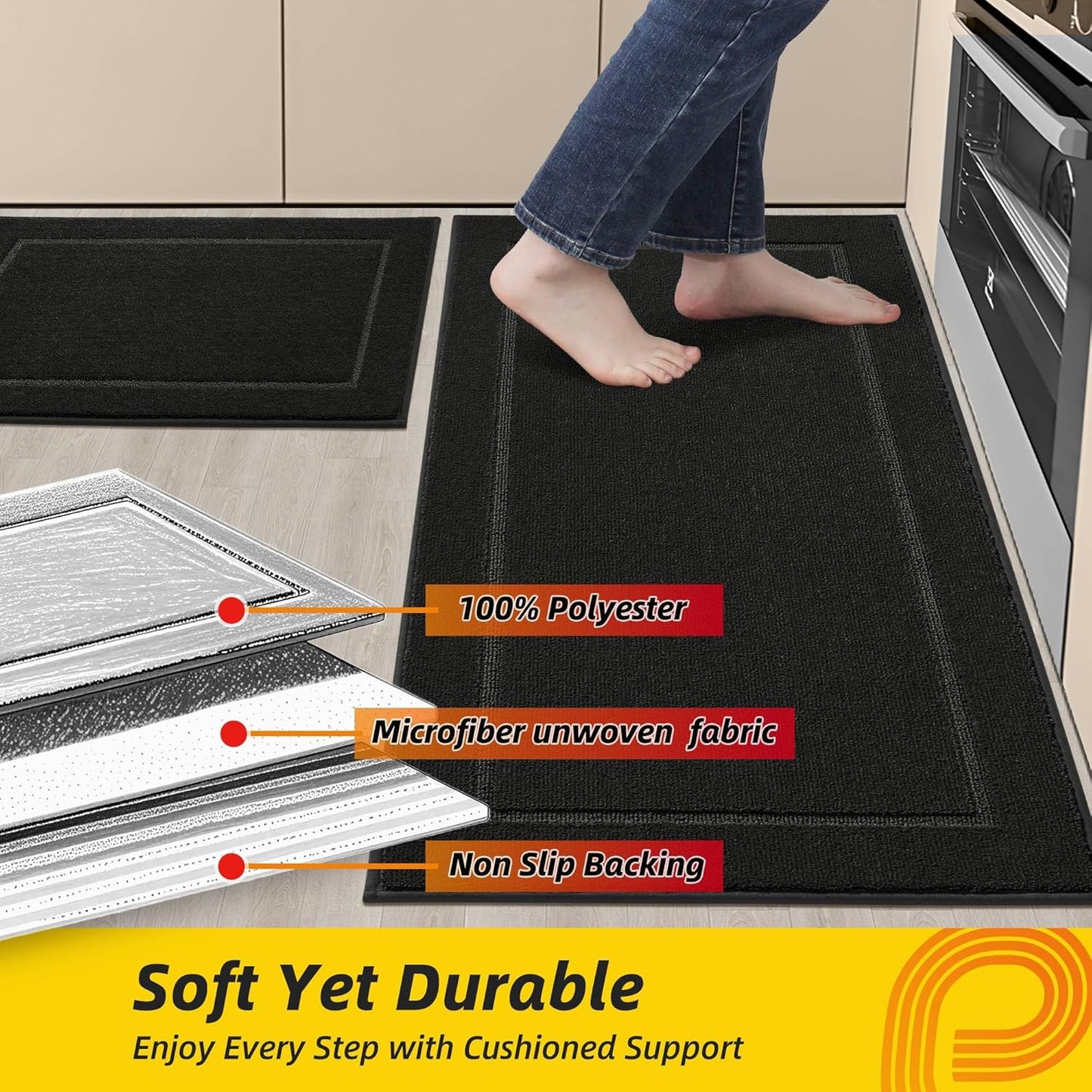 JSEI Non-Slip Kitchen Mats, Self Adhesive No Sliding Kitchen Rugs Set of 2, Washable Absorbent Floor Mat for Kitchen, Bathroom, Laundry Room, Bedroom, 20”x32”+20”x48”, Black, Rectangular Pattern