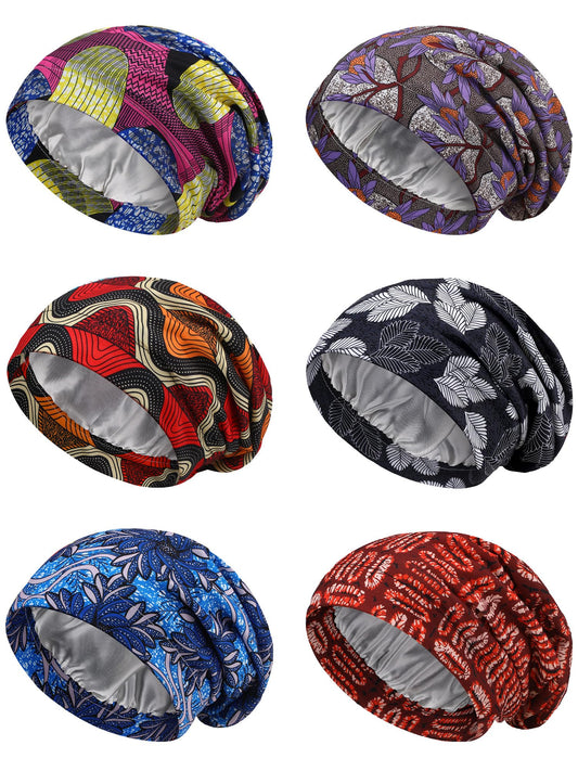 Sintege 6 Pcs Satin Lined Bonnet Sleep Cap for Women Men African Silk Soft Beanie Hair Sleep Wrap for Natural Curly Braids(Floral Patterns)