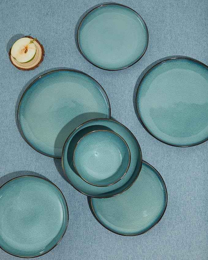 32 Piece Dinnerware Set for 8 with Pasta Bowls, Green Black Reactive Glaze Stoneware | All‑in‑One Host Set for Entertaining, Holiday Meals, Multi‑Course Dinners | Unique Irregular Coastal Look