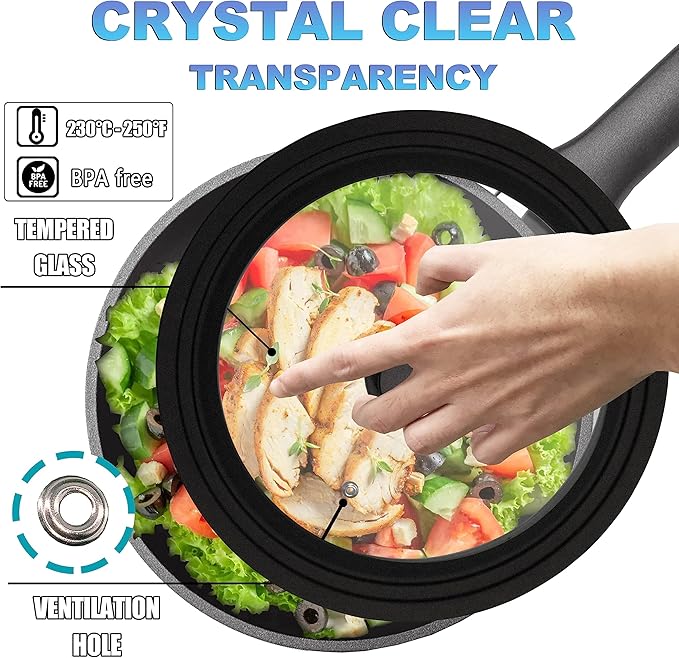 Lerykin Tempered Glass Lid Set of 2 - Universal Lids with Heat Resistant Silicone Rim for Pots, Pans and Skillets - Pan Cover Replacement Lids Fit 6.5", 7", 8" and 9.5", 10", 11" Diameter Cookware