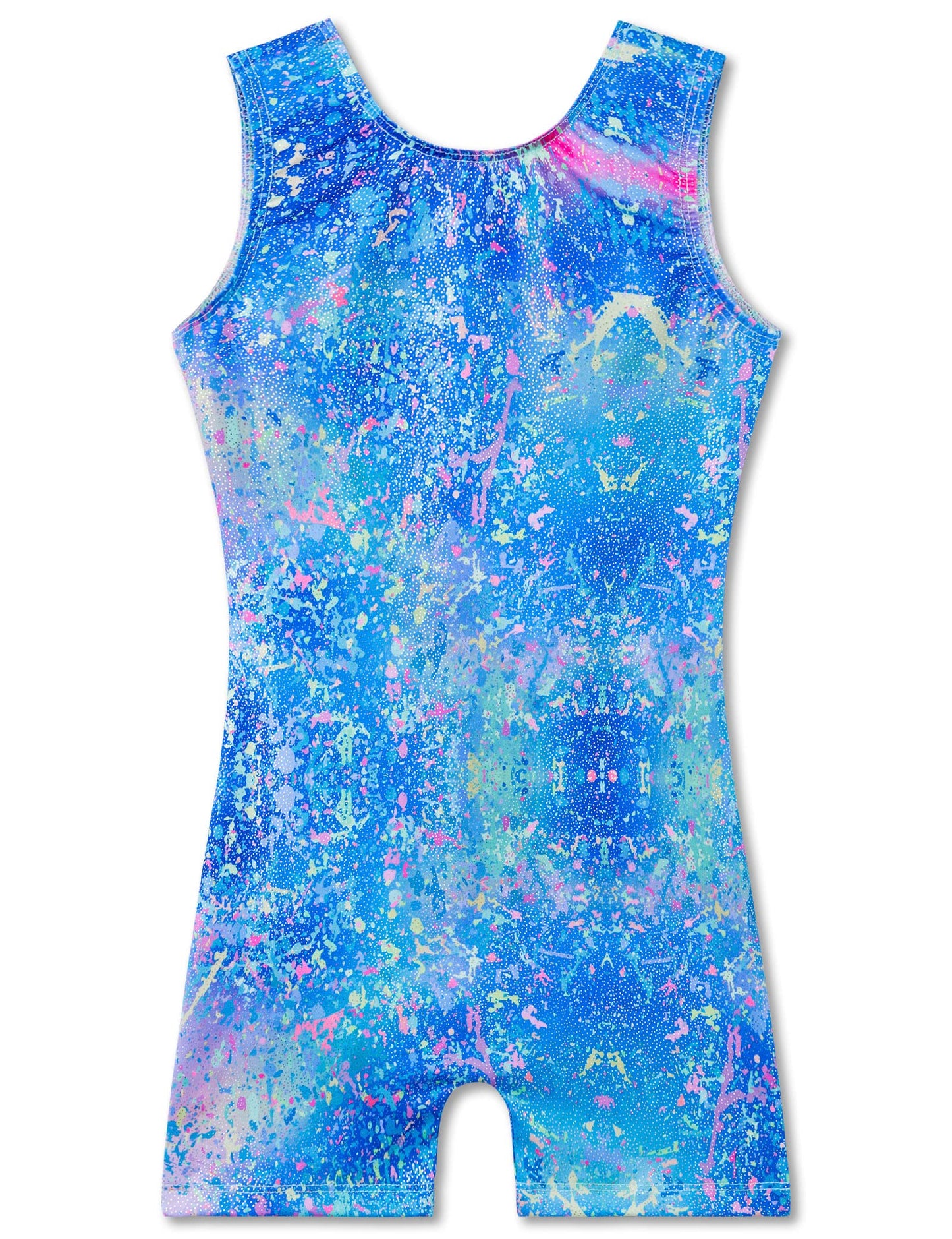 TENVDA Gymnastics Leotards for Girls 5-6 Years Old Sparkly Blue Graffiti Print Biketard Sleeveless Workout Unitards