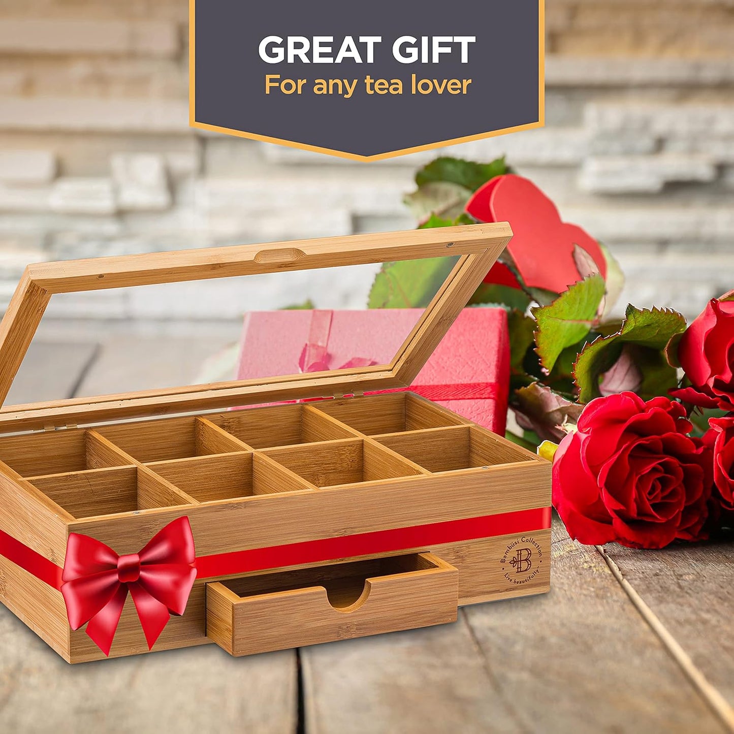 BAMBUSI Tea Bag Organizer - Bamboo Tea Box Storage with Drawer & Acrylic Window, Tea Organizer Holder, Tea Bag Holder, Tea Storage Box, Tea Box Organizer, Gift Idea for Home Kitchen (Tea Not Included)