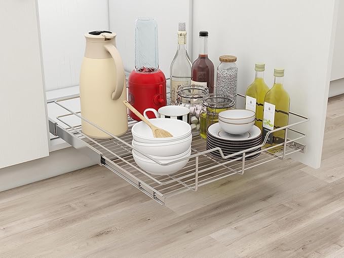 Pull Out Cabinet Organizer 20" W X 17" D, Slide Out Drawers For Kitchen Cabinets, Pull Out Drawers For Cabinets Capacity Heavy Duty Caddy, Cabinet Pull Out Shelves Chrome-Plated, Bathroom Pantry