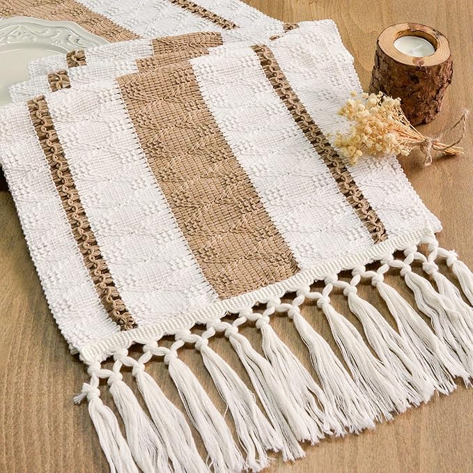 FEXIA Boho Table Runner for Hoilday Spring Home Decor with Tassels 72 Inches Long Pottery barn Furniture Farmhouse Rustic Macrame Burlap Table Decoration for Living Room (12x72 Inches)