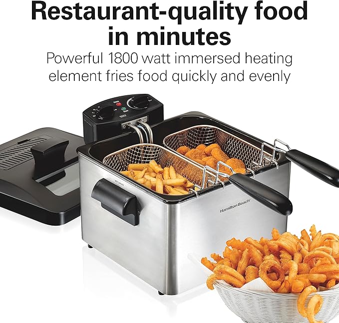 Hamilton Beach Electric Deep Fryer with 3 Baskets and Lid, 4.5 Liters / 19 Cups Oil Capacity, Temperature Control, View Window, Professional Style, 1800 Watts, Stainless Steel (35034)
