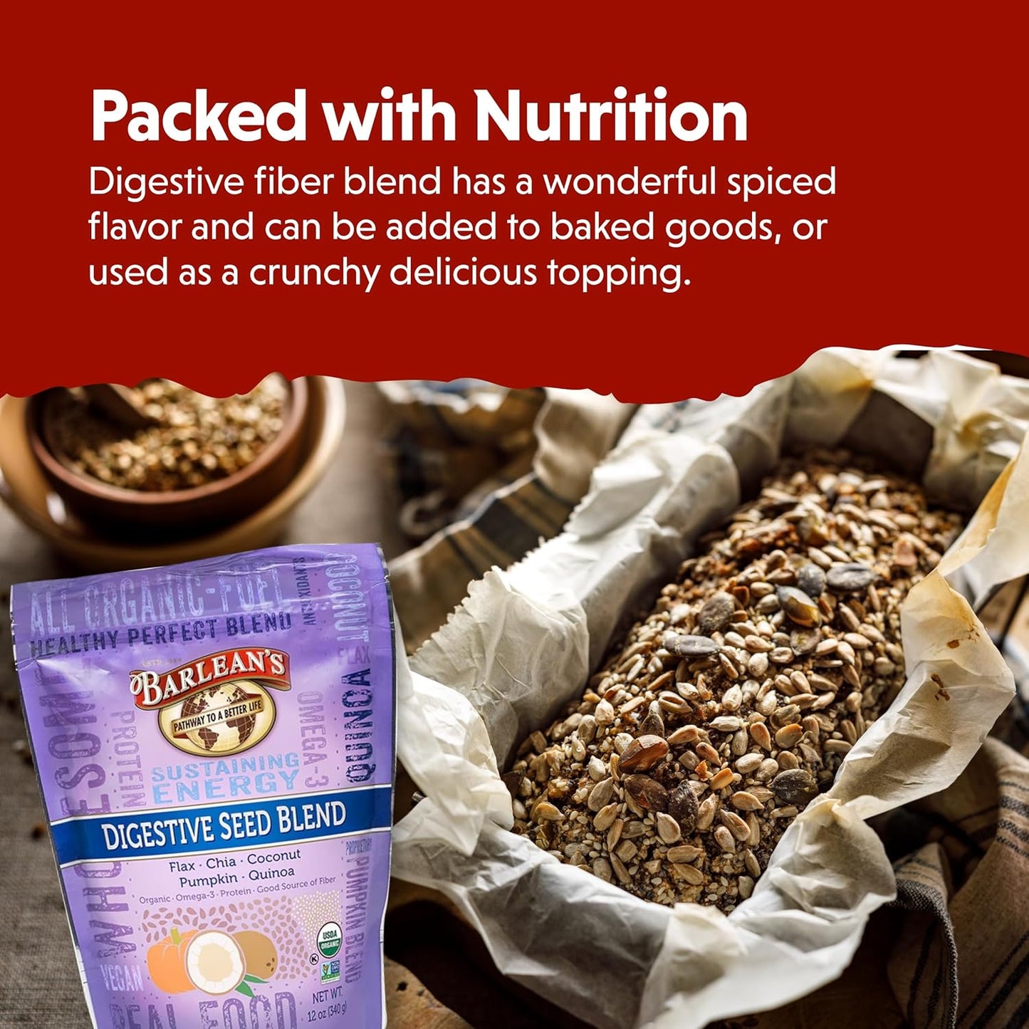 Barlean's Organic Digestive Seed Blend Fiber Supplement with Whole Chia, Ground Flax and Pumpkin Seeds, Quinoa, and Coconut, Rich in Omega 3 and Dietary Fiber, 12 oz