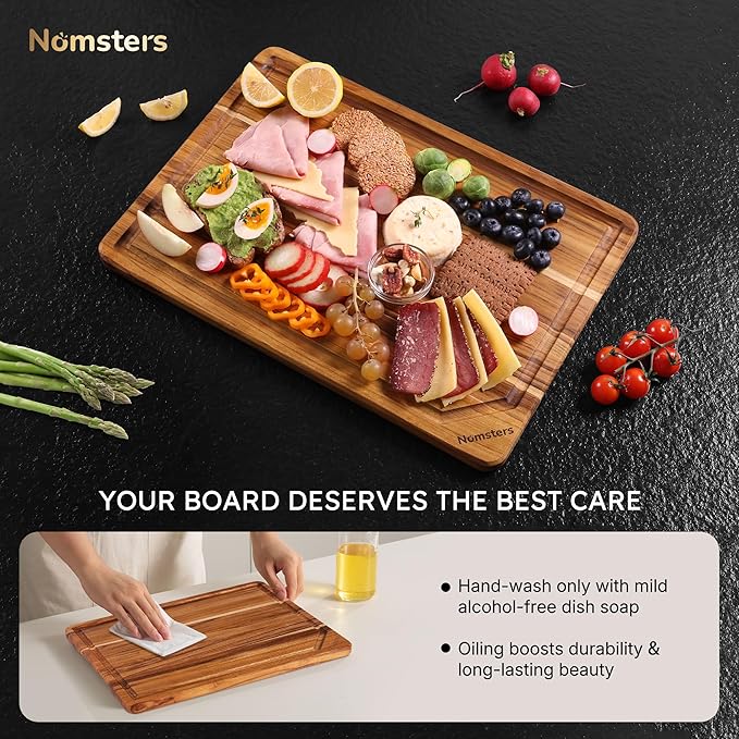 2 Pack Teak Wood Cutting Board Set Non Slip Over Sink Charcuterie Board Serving Heavy Duty Non Toxic Wooden Chopping Board Thick Haus Easy-Grip Handles, Knife-Friendly Best Kitchen Essential Gift
