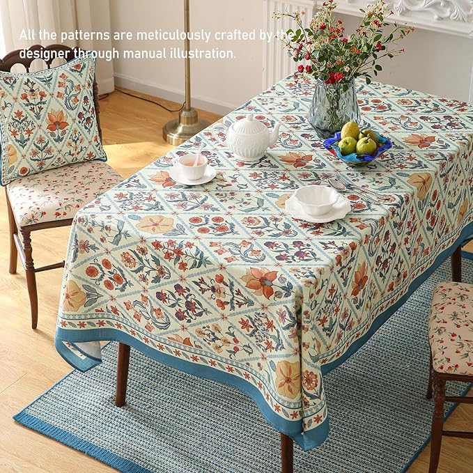 ISAENNE Designer Linen Elegant Long Tablecloth Rectangular,Colorful Floral Bohemian Table Cloth,Wrinkle Resistant Decor Tablecloths for Dining Thanksgiving Kitchen,63"*102"-Floralsea A