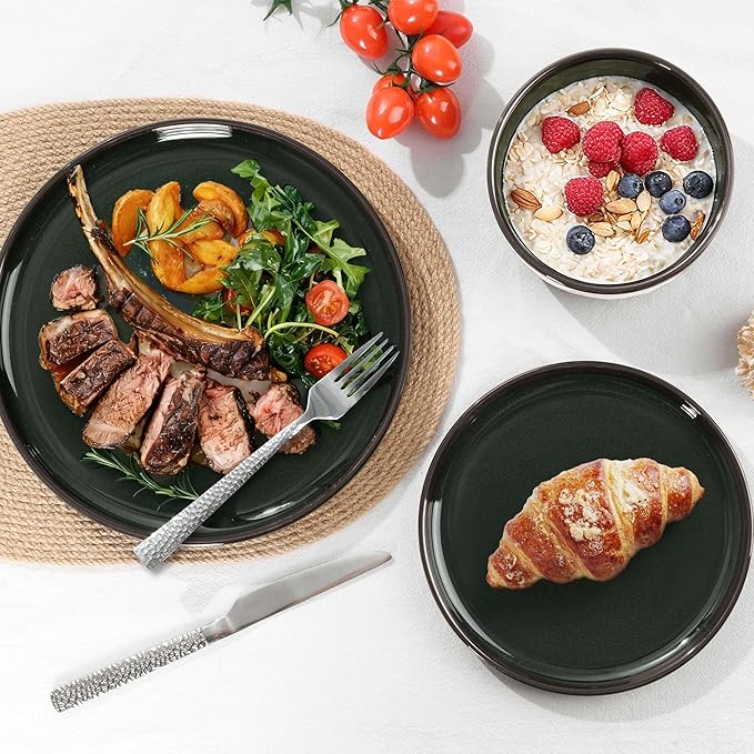 E-far Stoneware Dinnerware Sets for 8, 24 Pieces Reactive Glaze Plates and Bowls Sets, Elegant Dishes with Rustic Terracotta Clay Base, Dishwasher & Microwave Safe, Scratch Resistant, Blackish Green