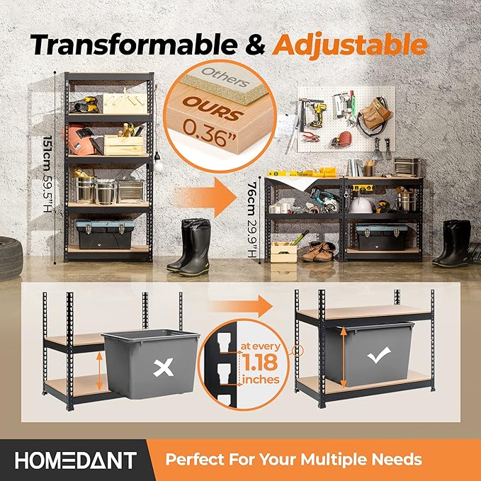 HOMEDANT 28" W x 12.3" D x 59.5" H 5-Tier Boltless Metal Shelving Unit Adjustable Garage Storage Utility Rack Heavy Duty Shelves Organization Shelf Warehouse Kitchen Living Room Pantry 10Pack