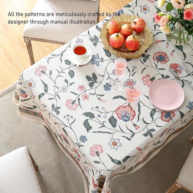 ISAENNE Designer Chinoiserie Linen Floral Rectangular Tablecloth,White Wrinkle Resistant Table Cloth,Elegant Decor Tablecloths for Dining Thanksgiving Kitchen Party Christmas,55"*87"-Daffy