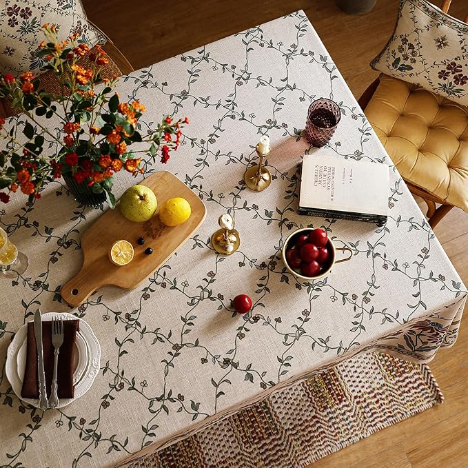patdrea Designer Linen French Long Tablecloth for Rectangle Table,Fall Country Breathable Floral Tablecloths,Table Cover for Kitchen Dining,Tea Party,Christmas,Thanksgiving,63"x94"-Oliveirad