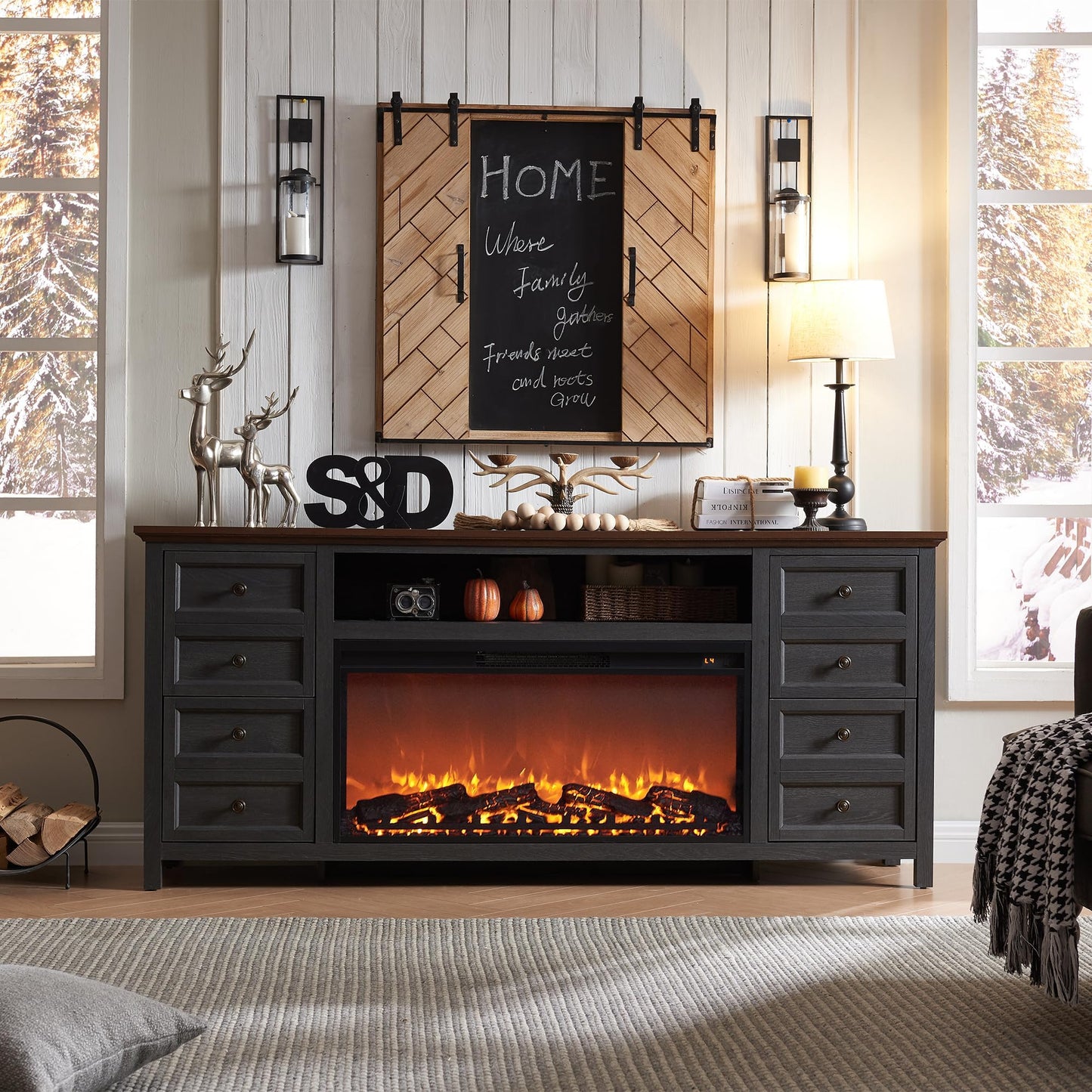 Fireplace TV Stand for TVs up to 80 Inches with 36" Electric Fireplace, 31" Farmhouse Tall Entertainment Center w/Drawer & Adjustable Shelves, Large Media Console for Living Room, 70inch, Dark Grey