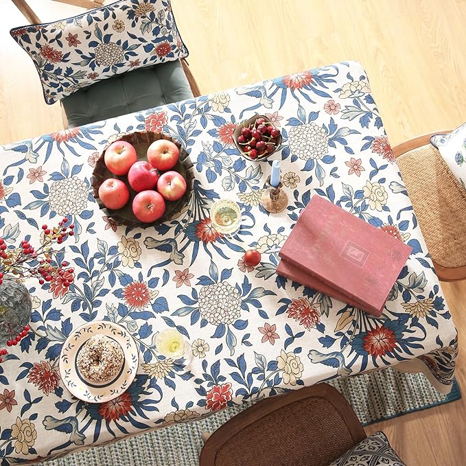 patdrea Designer Blue Tablecloth for Rectangle Table,Vintage Linen with Leaves and Floral Pattern Tablecloths,Farmhouse Decor Cover for Kitchen Dining Christmas,Thanksgiving,55"x87"-Ivar a