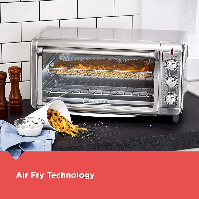 BLACK+DECKER Crisp 'N Bake Air Fry Countertop Convection Toaster Oven, XL Capacity, 8-Slice, 5-in-1, Fits 9” x 13” pan,12” Pizza, 60-Min Timer, Bake, Broil, Air Fry, Toast, Keep Warm, Stainless Steel