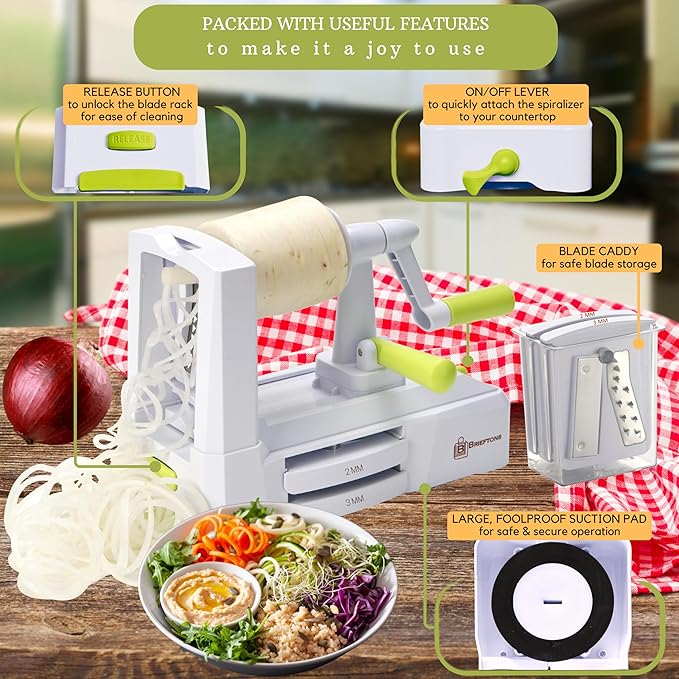 Brieftons 5-Blade Vegetable Spiralizer: Strongest-Heaviest Spiral Slicer, Best Veggie Pasta Spaghetti Maker for Low Carb/Paleo/Gluten-Free/Vegan Meals, With Extra Blade Caddy, 4 Recipe Ebooks