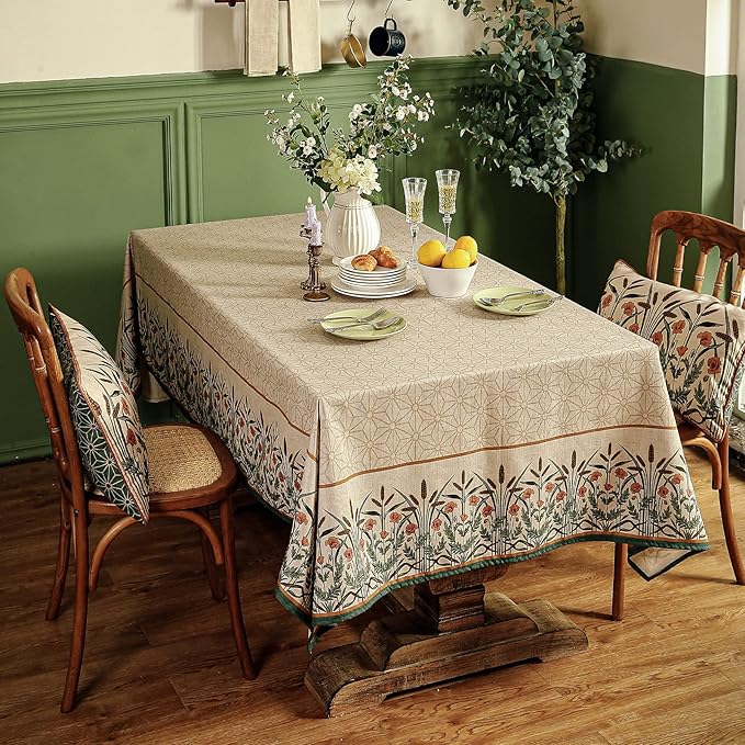 patdrea Designer Linen Vintage Table Cloth for Rectangle Table,Light Brown Durable French Floral Tablecloth,Decor Cover for Kitchen Dining,Christmas,Thanksgiving,Tea Party,55"x87"-Cudillero