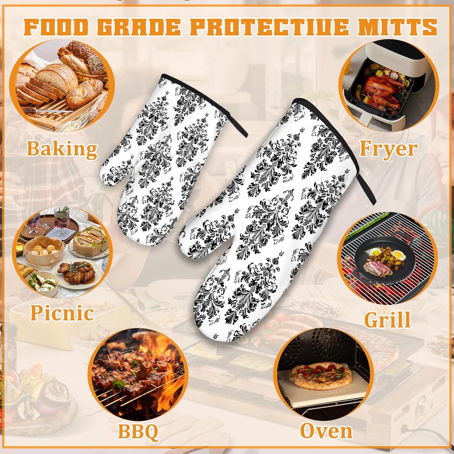 Vintage Damask Floral Oven Mitts and Pot Holders,Heat Resistant Oven Mitts Gloves and Pot Holder for Home Kitchen Decorations Cooking Baking BBQ Gifts,Set of 4