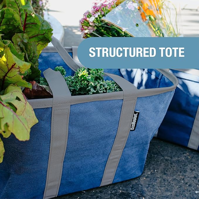 CleverMade EcoBasket Reusable Grocery Tote - 30L - Pack of 1 - Blue Gray - Collapsible Storage Shopping Organizer - Heavy Duty Utility Bag Home
