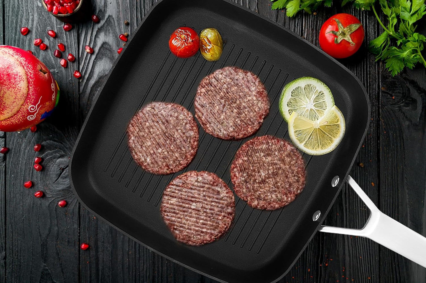 MsMk Square Grill Pan with Lid, 9.5 Inch Titanium and Ceramic Nonstick Grilling Skillet Pan，Stay-Cool Handle，Compatible with All Stovetops，PFOA Free，Dishwasher & Oven Safe，Indoor Chicken Skille