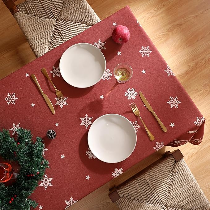 ISAENNE Designer Christmas Red Small Rectangular Tablecloth,Linen Table Cloth with Snowflakes Pattern,Wrinkle Resistant Decor Tablecloths for Dining Kitchen Thanksgiving Christmas,55"*71"-Carol C