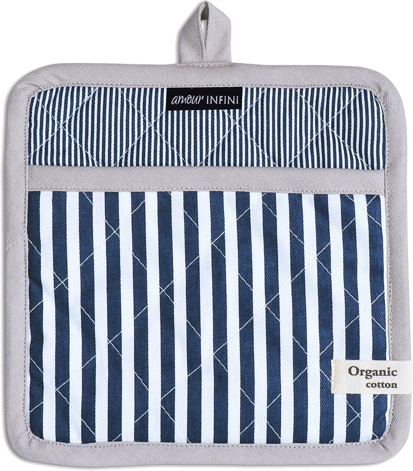 AMOUR INFINI Striped Pot Holders and Oven Mitts Heat Resistant Non Slip Reusable Set of 1 Oven Mitt and 1 Pot Holder Oven Gloves Pot Holder for Cooking (Blue)