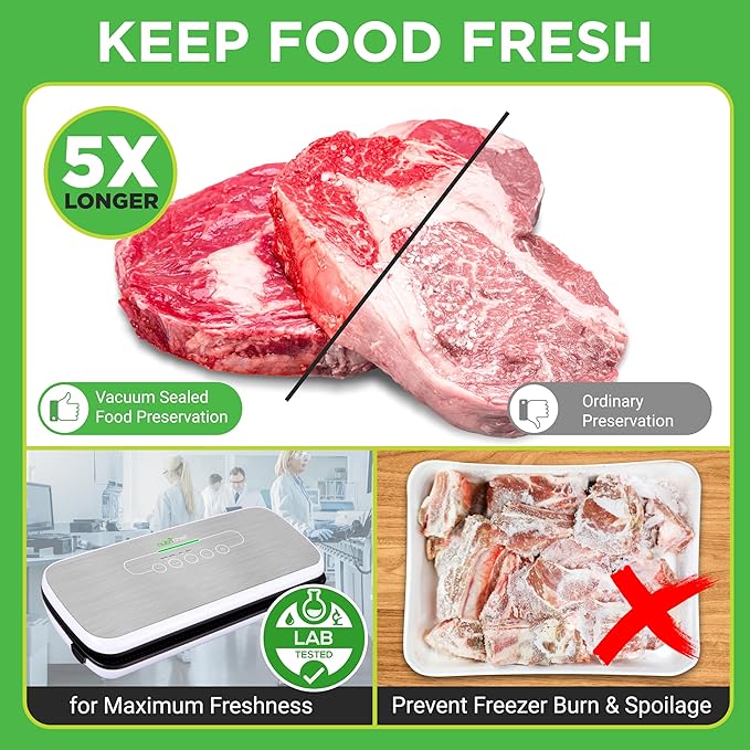 NutriChef Vacuum Sealer For Food - Automatic Air Sealing Machine for Dry & Moist Foods, LED Touch Controls, Includes Vacuum Bags, Hose & Wine Stopper, High Suction Power