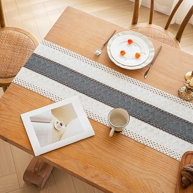 FEXIA Boho Table Runner for Christmas Home Decor with Tassels 72 Inches Long Farmhouse Grey Rustic Table Runner Macrame Burlap Table Decoration for Living Room Bridal Shower(12x72 Inches)