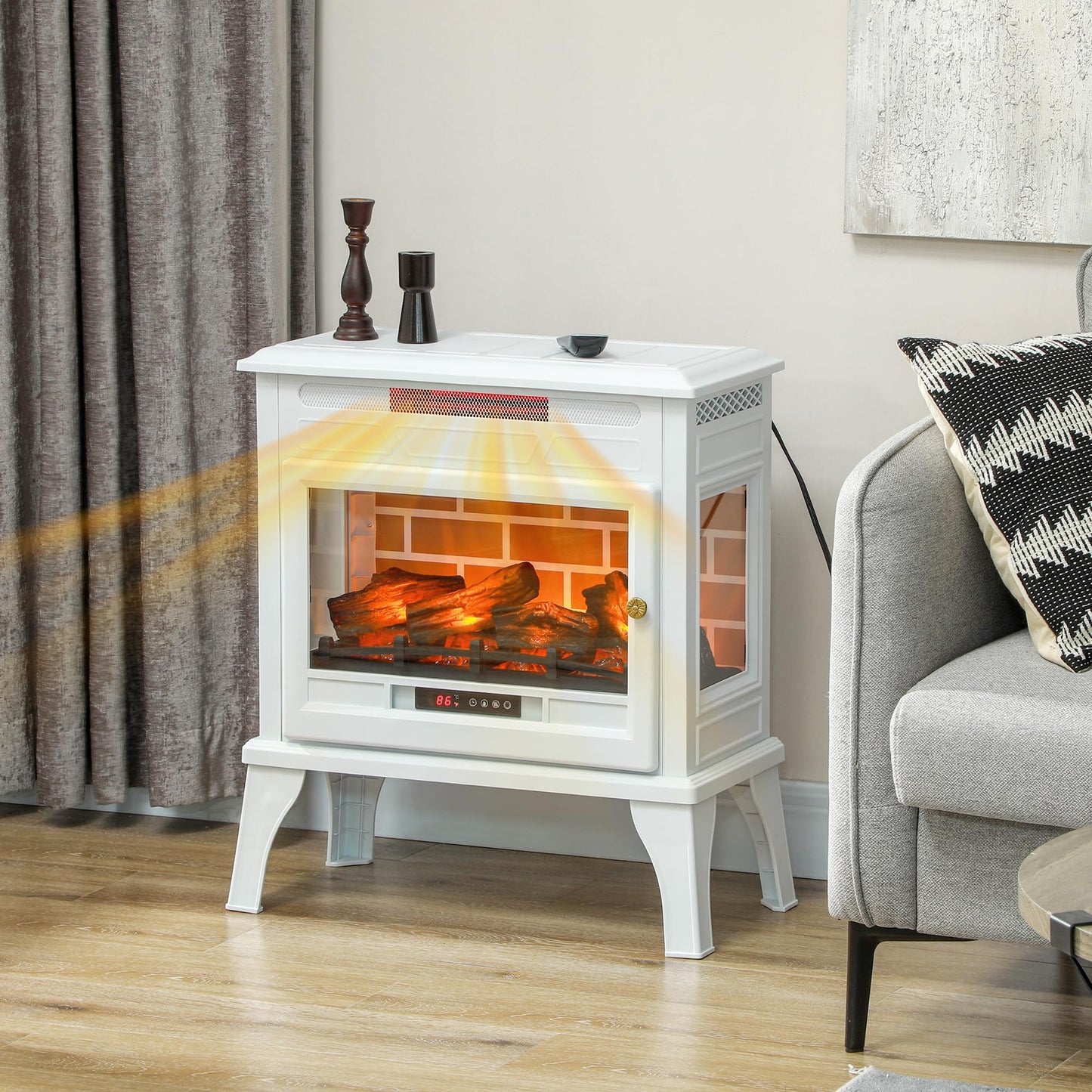 HOMCOM Electric Fireplace Stove, 24" Freestanding Electric Fireplace Infrared Heater with Remote, Adjustable 3D Flame Effect, Thermostat, Overheat Protection, 1000W/1500W, White