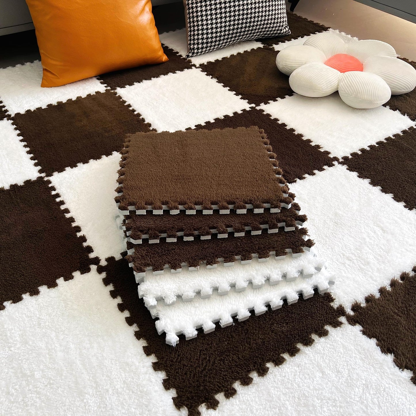 easycustomerlee 12pcs Interlocking Carpet Shaggy Soft EVA Foam Mats Fluffy Rugs Protective Floor Tiles Play Mats for Children Kids Room Home Parlor Bedroom(Brown)