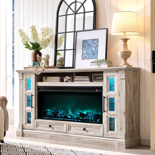 OKD Farmhouse Entertainment Center with Fireplace, 70" TV Stand with 42" Electric Fireplace, TV Cabinet for up-to-80 TV with Glass Doors & Drawers for Living Room, Antique Brush White