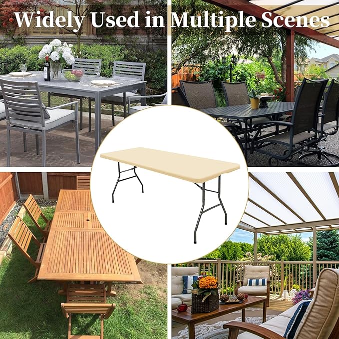 10 Pack Fitted Tablecloth for 8 Foot Rectangle Tables, Beige Elastic Outdoor Picnic Table Cover, Washable Stretch Folding Table Cloths 8 ft for Camping Party Patio Kitchen Banquet, 30" W x 96" L